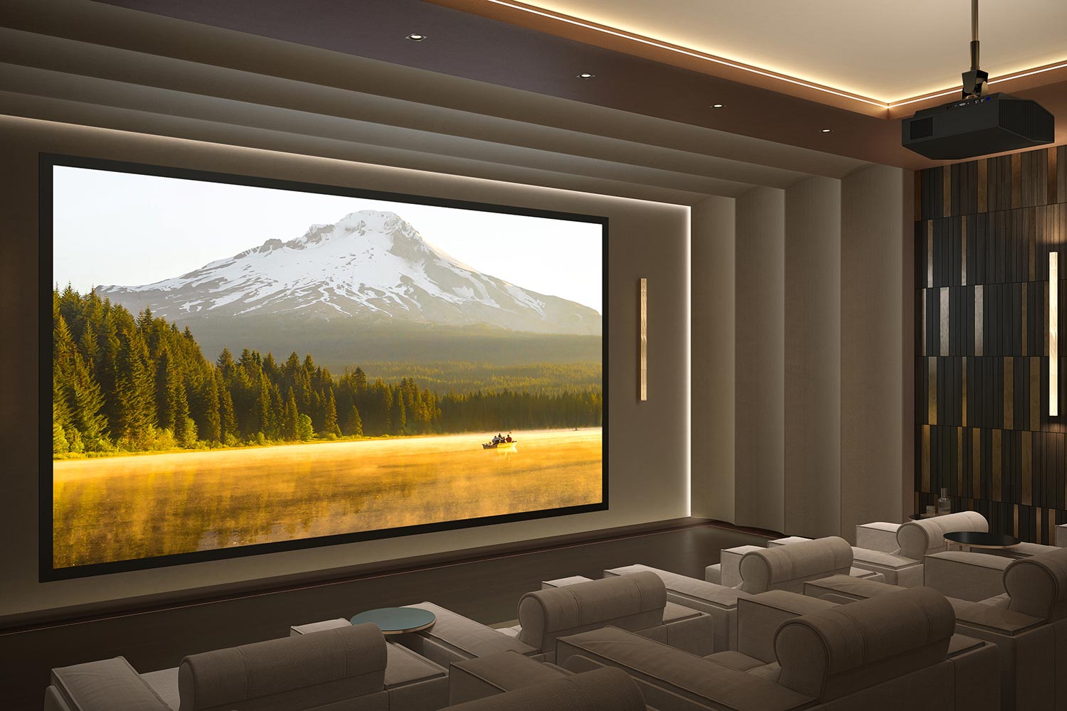 Luxurious home theater with a massive projector screen showing a mountain view